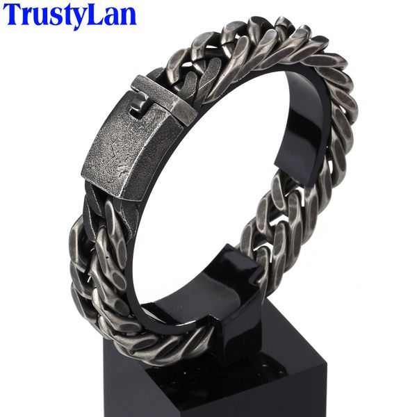 

trustylan vintage black stainless steel bracelet men fashion rhombus thick chain link mens bracelets bangles jewelry gift, Golden;silver