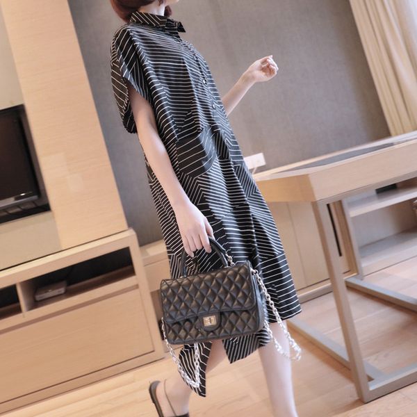

women short sleeve striped shirt dress lady summer new large size fashion long loose cardigan skirt casual dress, Black;gray
