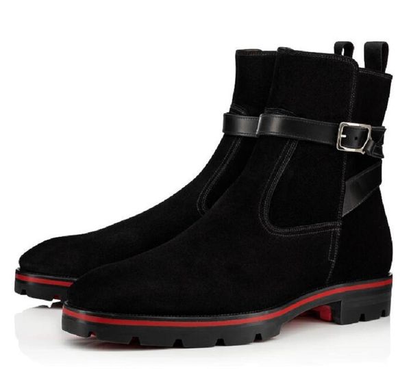 

lluxurious tire rubber sole super quality ankle boots red bottom kicko genuine leather black suede boots,men's mid boots elegant men