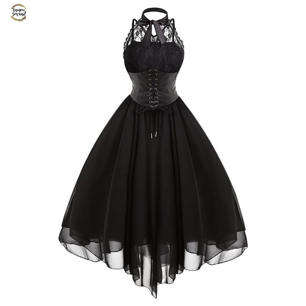

swing 2019 gothic party dress bow women vintage sleeveless cross back lace panel corset dress robe vestidos femme, Black;gray