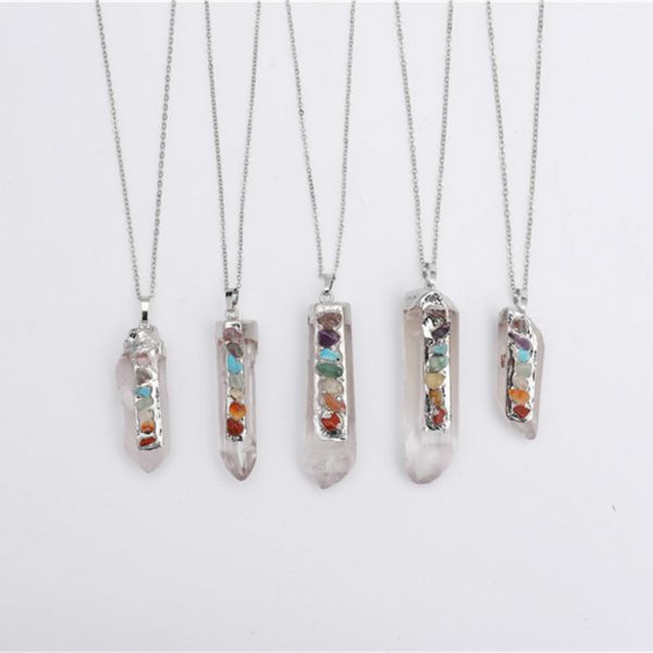 

7 chakra quartz natural stone pillar pendant necklace irregular white crystal for women healing chain reiki jewelry necklace, Silver