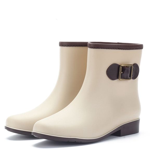 

youyedian women high heels thick heel short boot low-heeled buckle round toe waterproof middle plus size tube rain boots#p30, Black