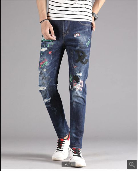 

autumn men's designer jeans ripped hole designer trousers for men fashion straight denim pants pattern zipper fly long jeans, Blue