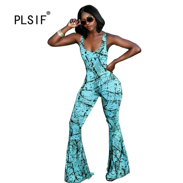 

european new fashion tie dye print flare pants jumpsuits lady summer spaghetti strap rompers beach style jumpsuits, Black;white