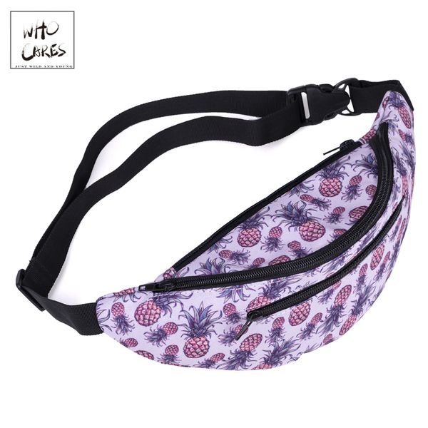 

who cares purple pineapple pattern waist bags women fanny printing female belt multi-pocket bag travelling waist packs sports