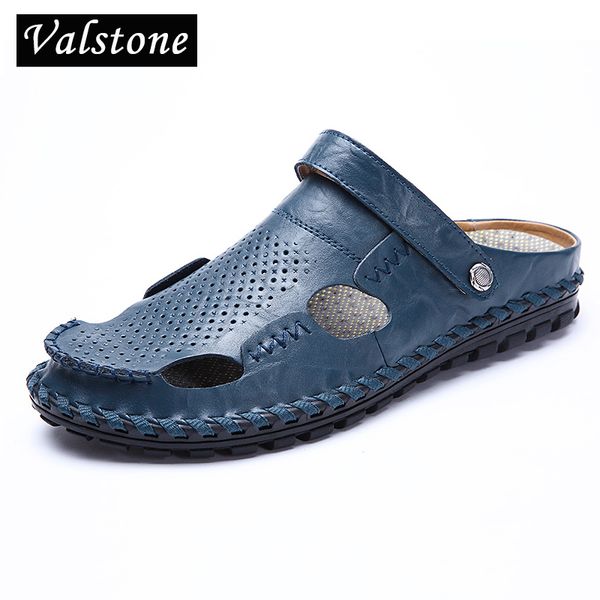 

valstone full handsewn leather sandals perforated summer cool shoes male outside slippers beach walking los sandalias blue black