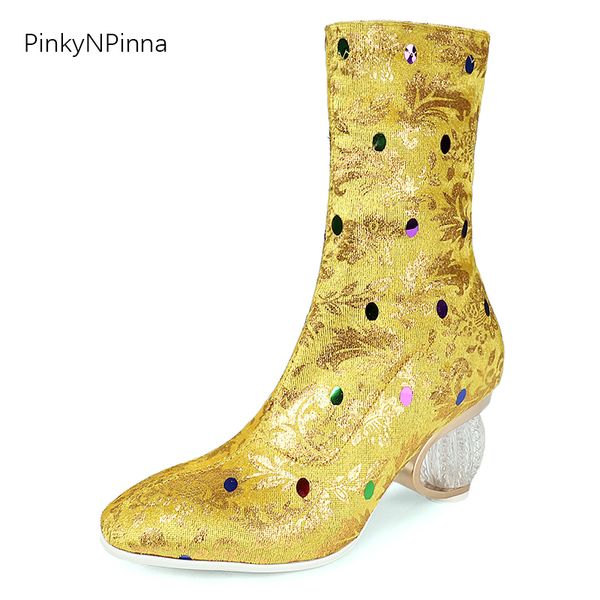 

new women luxury mid-calf boots slip on flock print flower dollar crystal heels booties large size shining fashion gold ladies shoes female, Black