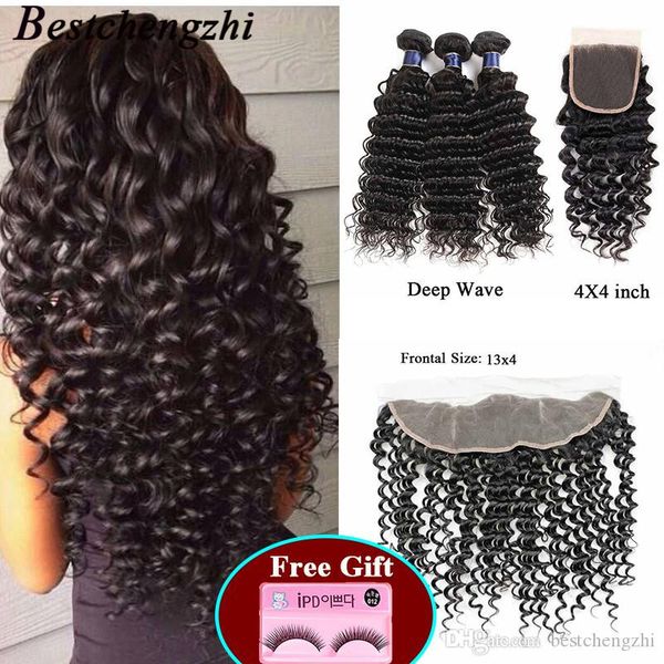 

бразильская глубокая волна человеческих волос 3 связки с кружевом закрытие необработанные перуанский индийский волос девственницы связки с ф, Black;brown