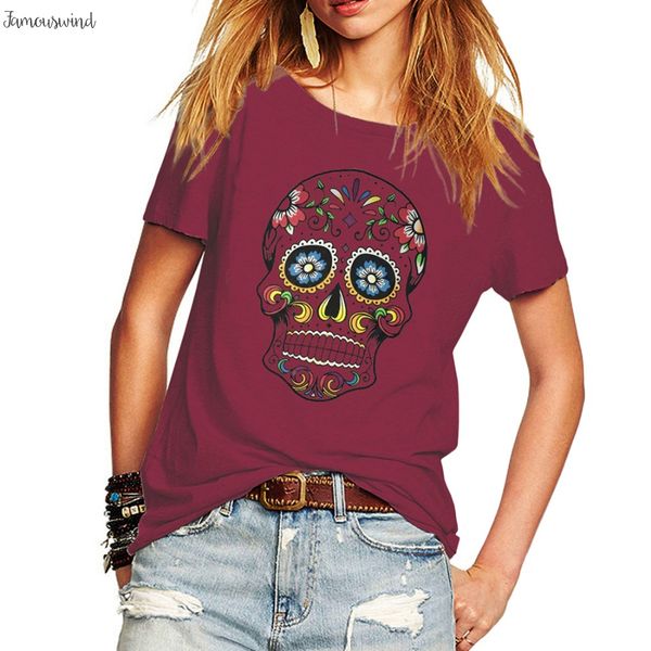 

new woman t shirt floral skull print short tee junior punk street style lady tshirt short sleeve t womens, White