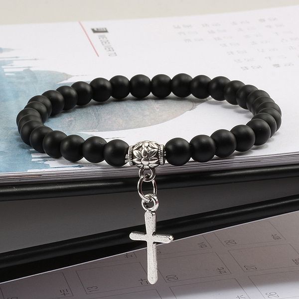 

6mm natural matte bright black beads stone bracelet cross prayer meditation elastic rope bracelets bangles for women men jewelry