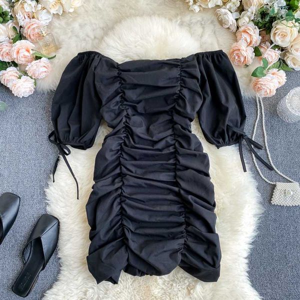 

2020 square collar dress women summer elegant puff sleeve dresses ruched bodycon white black mini dress, Black;gray