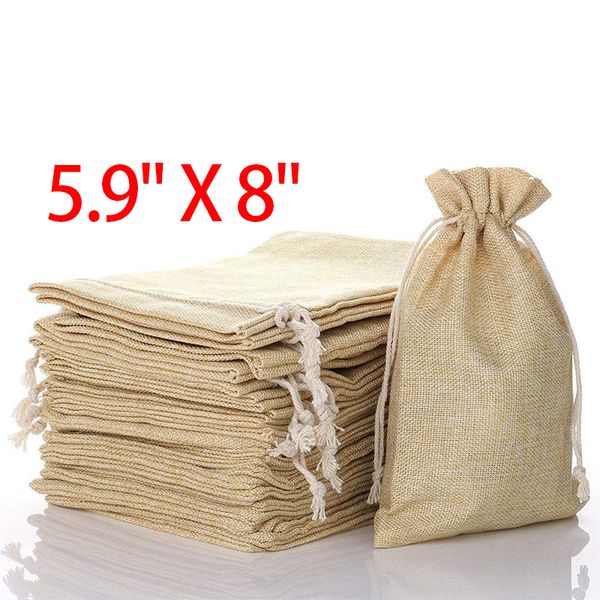 

5.9 inch x 8 inch natural linen burlap bags with jute drawstring for gift bags wedding party favors jewelry pouch, snack sacks a