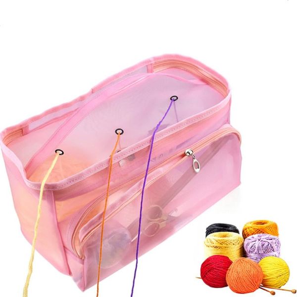 

solid color 3 holes rectangle shape diy hand weaving tools organizer weaving yarn bag crochet thread storage mesh bag