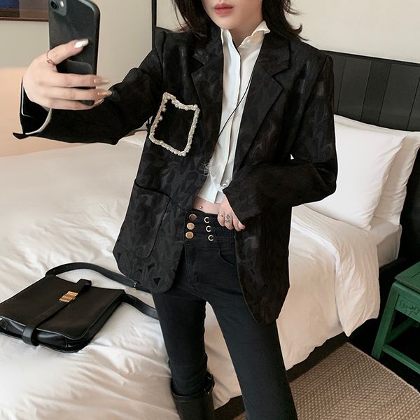 

женское пальто женский жаккардовый блейзер 2020 весна новая свободная одна кнопка бисером западный стиль костюм топ, White;black