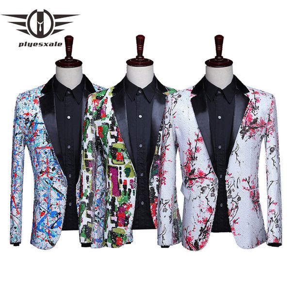 

plyesxale colorful geometric graffti floral blazer men slim fit mens sequin blazers bar dj singers prom stage costumes q591, White;black