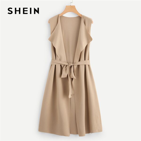 

shein solid waterfall collar bow tie waist longline belted spring coat women clothing sleeveless autumn elegant outerwear, Black;brown