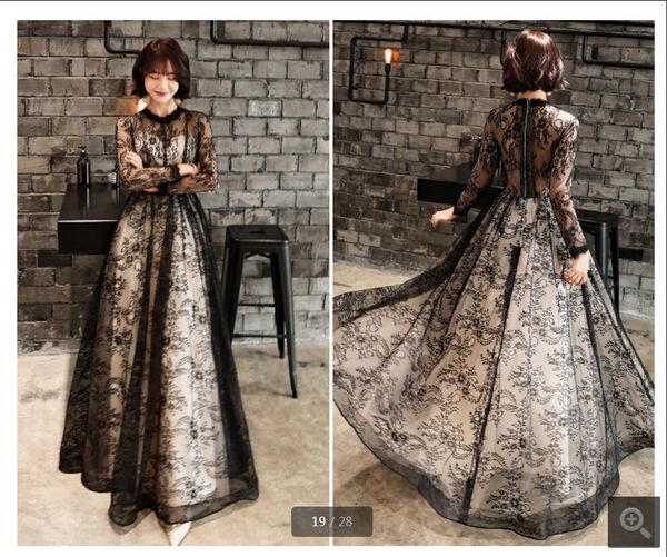 

2019 new design black lace champagne a line long sleeve prom dresses modest muslim women vintage prom gowns evening dresses prom gowns, Black;red