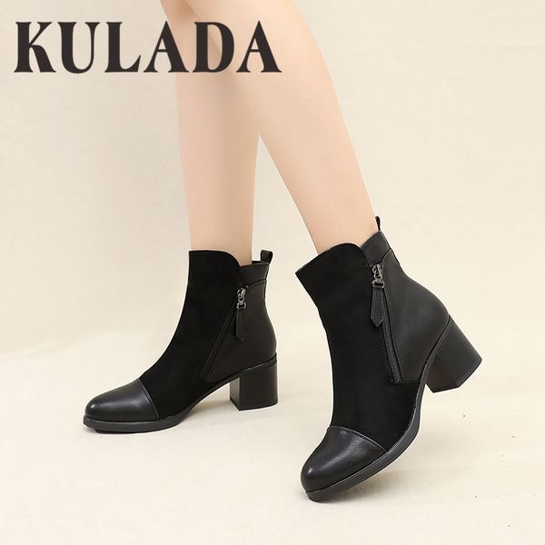 

kulada boots women double zippers ankle boots women suede leather high heels thick soles basic botas mujer, Black