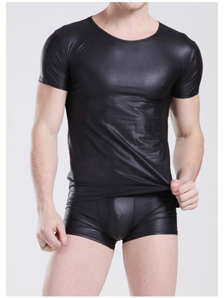 

men's lingerie inferior smooth paint imitation leather short sleeve t-shirt t-shirt solid short sleeve, White;black