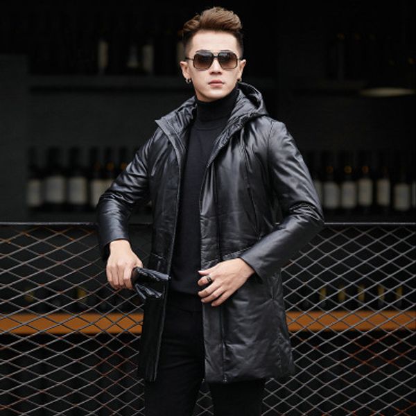 

men long slim leather jacket, Black