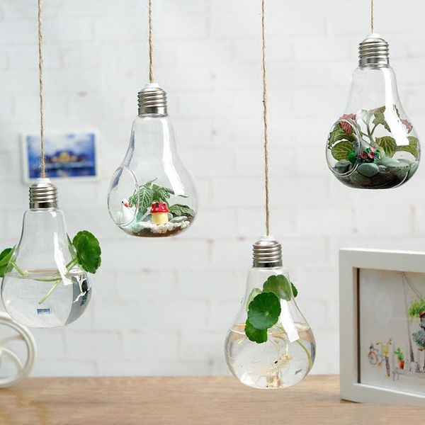 

2pcs/set hanging glass vase planter bulb shape succulent water soil planting pot modern decorative vase home wedding decoration