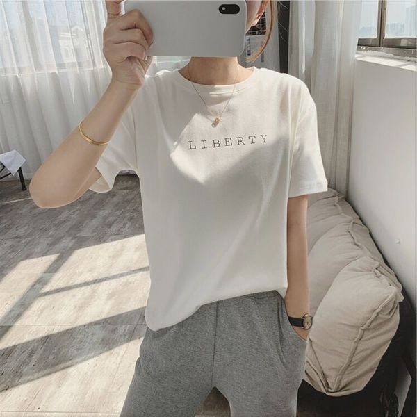 

polished letter black and white short sleeve round collar t-shirt women's 2020 season simple printing base shirt