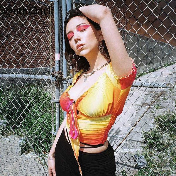 

goth dark bandage v-neck puff sleeve geometric basic women's t-shirt summer 2020 e-girl new bow slim patchwork lady tee y2k chic, White