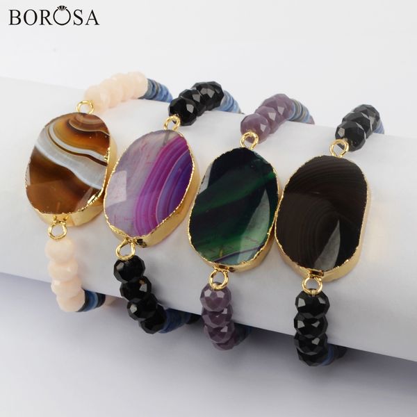 

borosa 5pcs gold plating multi-color natural onyx agates connector 8mm stone bead bracelets mixed colors bracelet jewelry g1928, Black