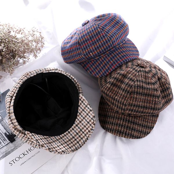 

women hat fashion accessories baker boy hat classic plaid newsboy cap vintage woolen winter plaid baker boy, Blue;gray