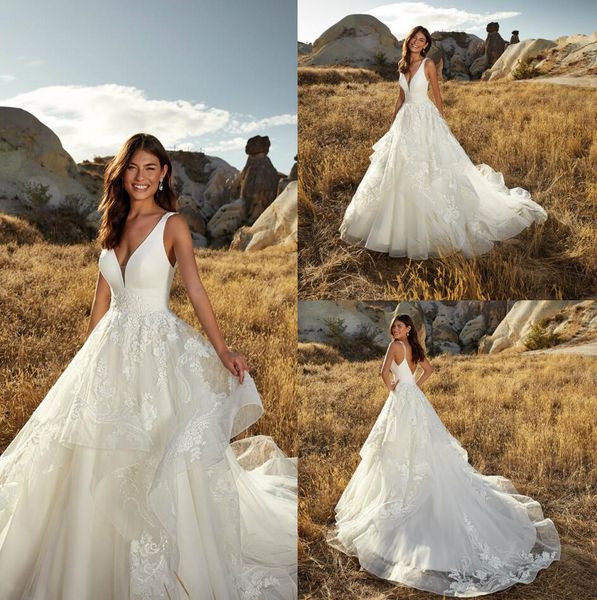 

eddy k wedding dresses satin v neck bridal gowns ruffles lace appliques sweep train beach wedding dress vestidos, White