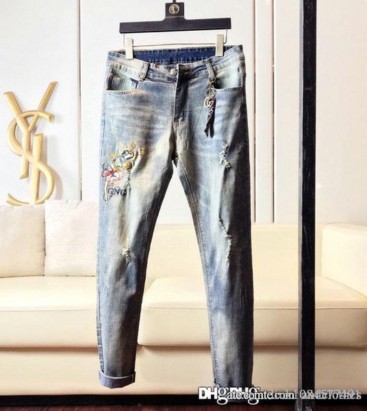 

19ss mens designer jeans mens distressed ripped biker jeans slim fit motorcycle biker denim fashion designer pants hip hop jeans pour hommes, Blue