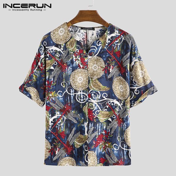 

incerun printed men shirt v neck half sleeve 2020 chinese style cotton retro casual shirts men streetwear camisa masculina s-5xl, White;black