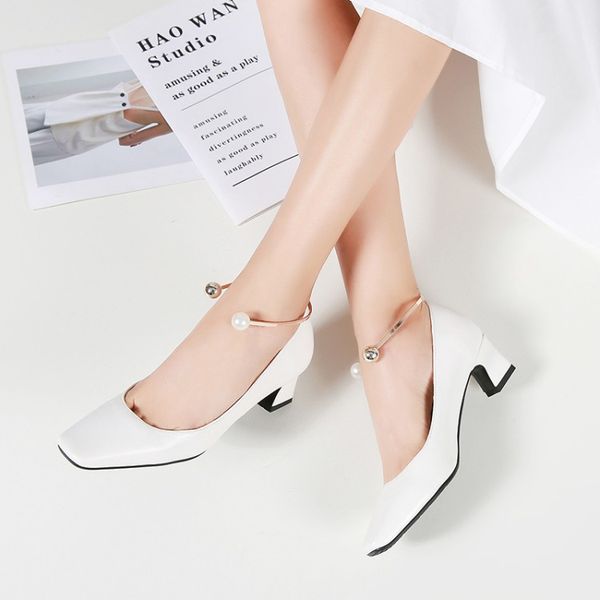 

big size 9  11 12 13 ladies high heels women shoes woman pumps square-headed pearl decorated rough-heeled single shoes, Black