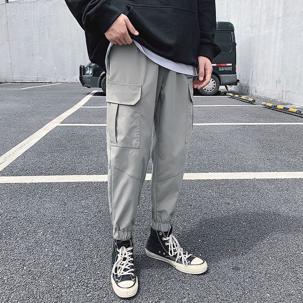 

drawstring casual pants men's fashion letter printing casual multi-pocket overalls men streetwear loose hip hop harem trousers, Black