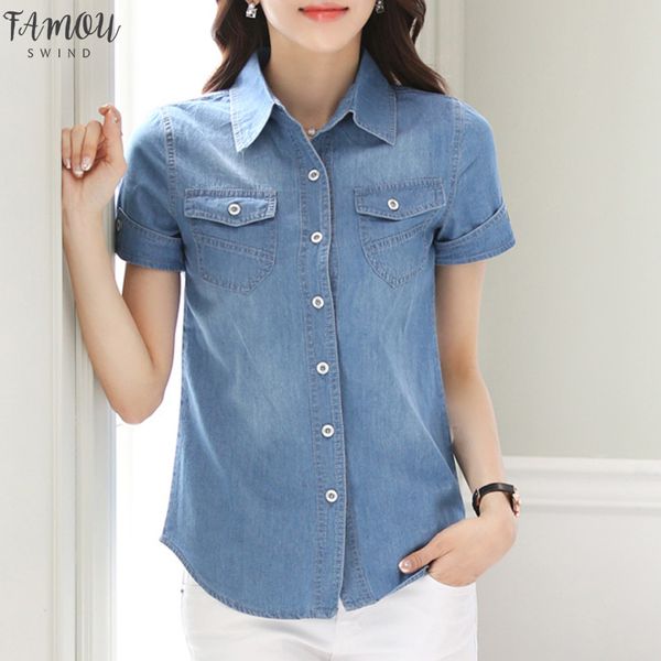 

loose denim women blouses short sleeve shirts women vintage jeans blouse female casual clothing 2020 autumn broadcloth cotton 50b, White