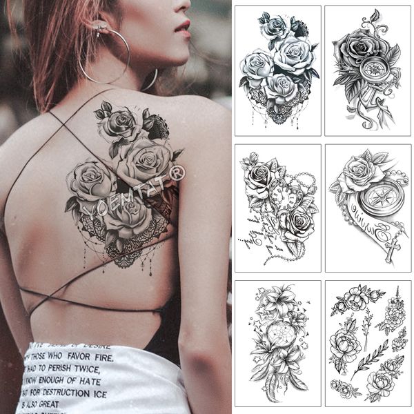 Acheter En Forme De Coeur Horloge Jewel Rose étanche Tatouage Temporaire Autocollant Noir Bras Retour Fleurs Du Corps Big Tatto Art Faux Tatoo Pour