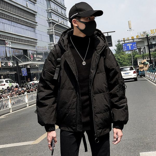 

2018 cotton men's winter new thick solid color hooded bread service tide japanese loose korean shirt jacket black m-2xl
