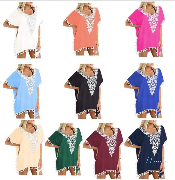 

2019 chiffon tassel crochet dresses women summer t-shirt beach dress short sleeve casual mini dress shirt blouse women apparel a3117, White