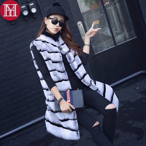 

2017 100% real genuine fur vest women long style thick warm winter chinchilla color rex fur gilet real natural coat, Black