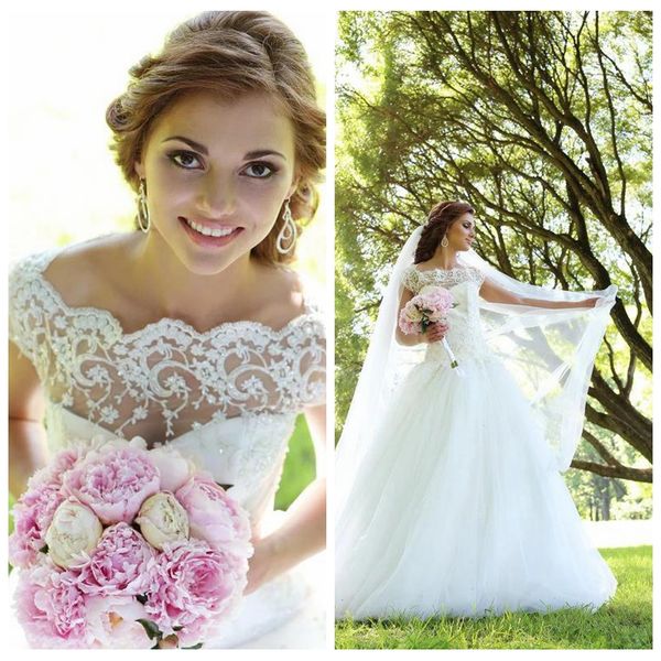 

attractive bateau neck princess wedding dresses lace applique ball gown wedding dresses with sweep train tiered tulle white wedding dress