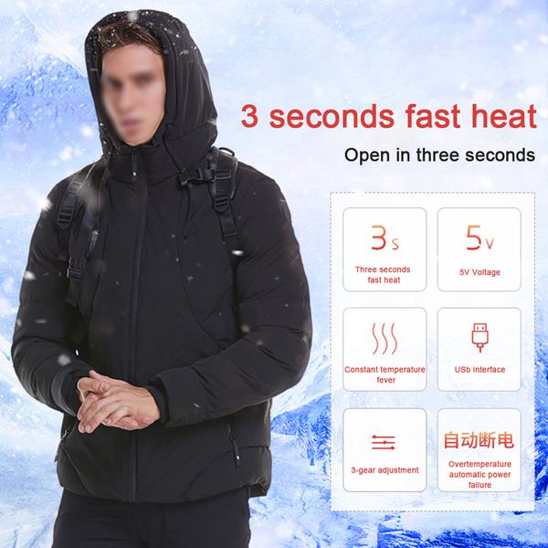 

мужчины wadded jacket usb powered открытый водонепроницаемая отопление теплый моющийся мягкая зима лыжи с длинным рукавом с капюшоном на мол, Black