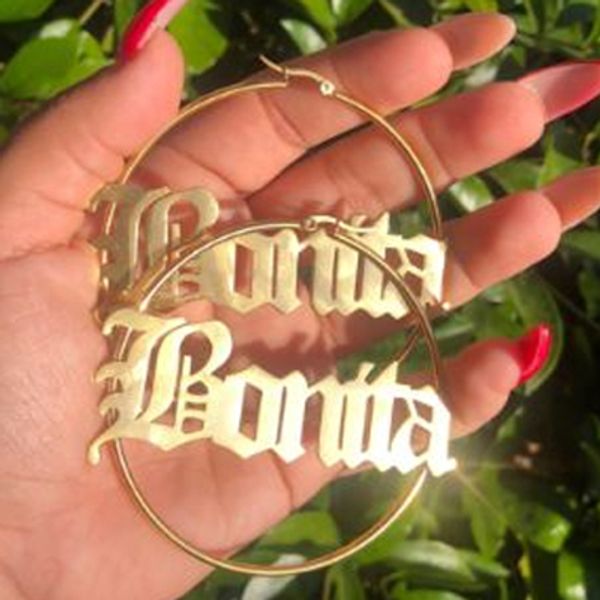 

70 мм большой обруч серьги для женщин персонализированные имя пользовательские ювелирные изделия нержавеющая сталь розовое золото серьги мод, Golden