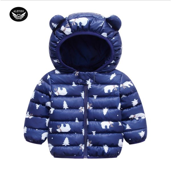 

winter suitable for boys down cotton jacket fashion girl hooded jacket printed bear pattern infant light, Blue;gray