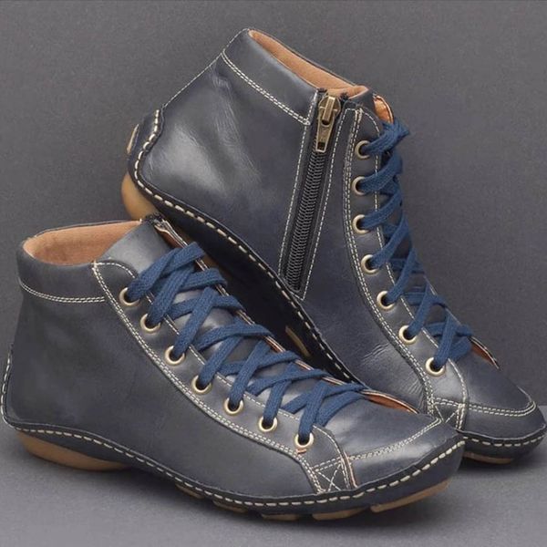 

jaycosin fashion women's ankle boots pu leather boots retro lace-up side zipper shoes round toe casual shoes flats, Black
