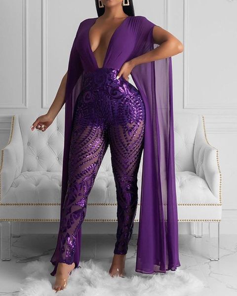 

women purple glitter see through jumpsuits sheer plunge mesh insert sequins jumpsuit, Black;white