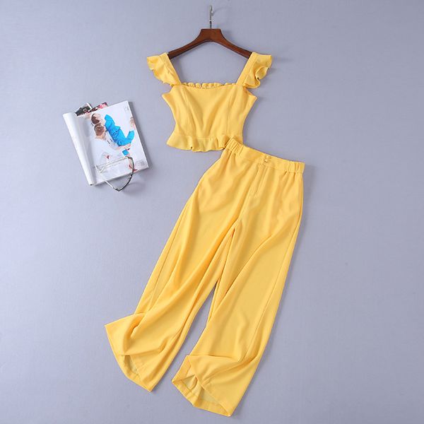 

new 2018 designer runway suit set women's camis crop wide leg pants set, White