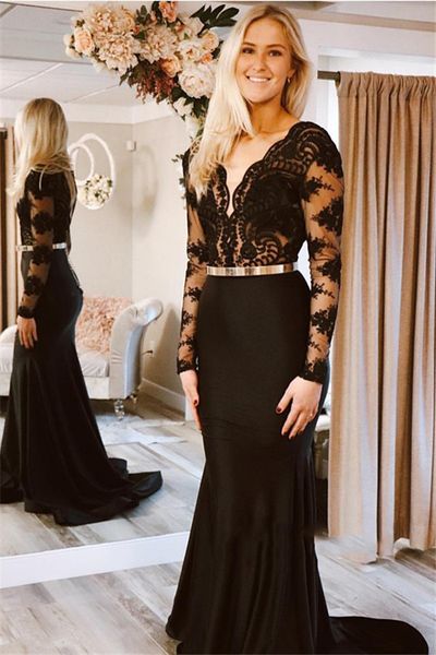 

black formal evening dress with long lace sleeves v neck v back formal party dresses vestido de festa new evening gown customize, Black;red