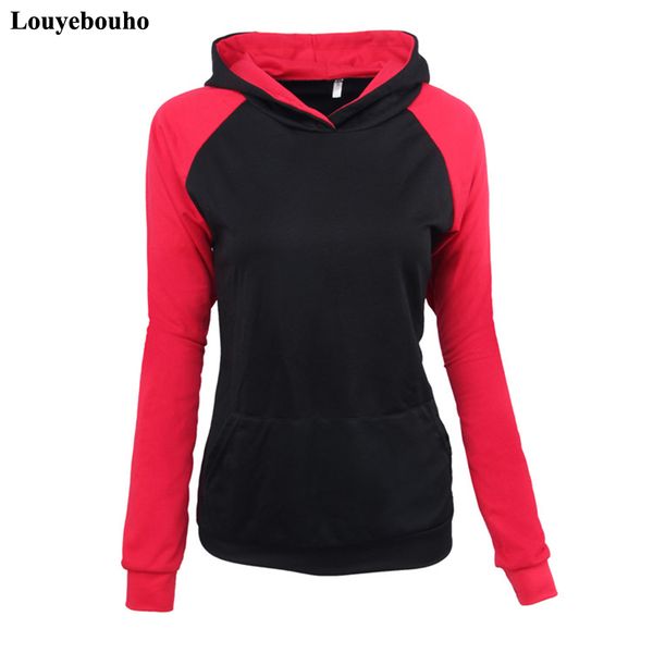 

women casual patchwork long sleeve hoodie autumn winter fashion slim hooded sweatshirt pullover sportswear with pockets hot, Black