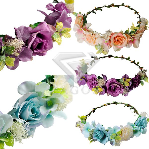 

women's boho colorful flower fabric crown headband round wedding floral adjustable garland 3 color wholesale hs0026