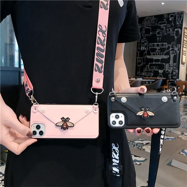 

luxury bee wallet lanyard crossbody phone case for iphone 11pro xs max xr 7 8 plus leather card slot with shoulder strap cover